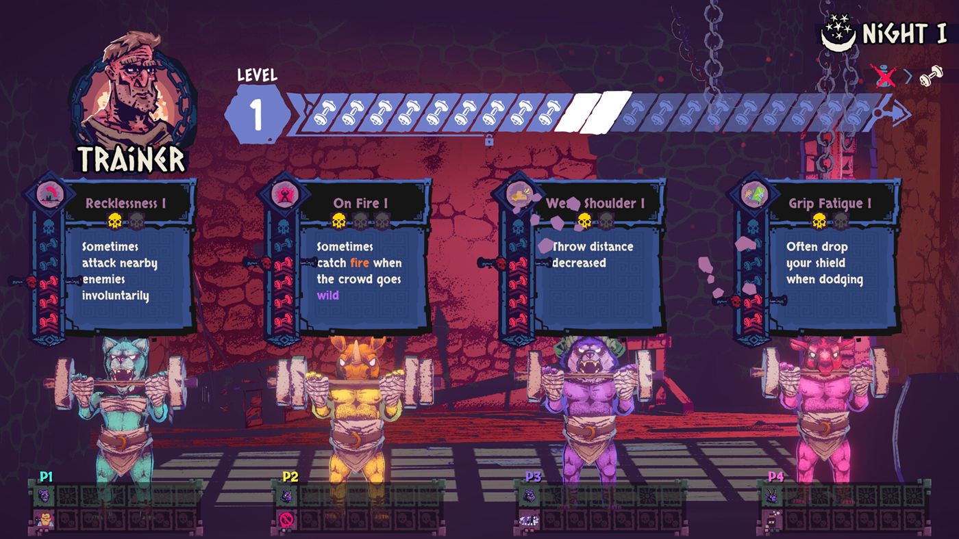 The Trainer screen showing four beasts, perks and injuries.