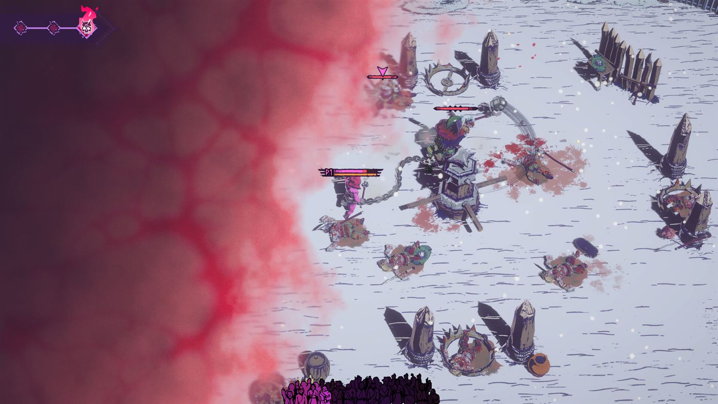 A snowy arena with spike traps and red gas during a Germania fight.